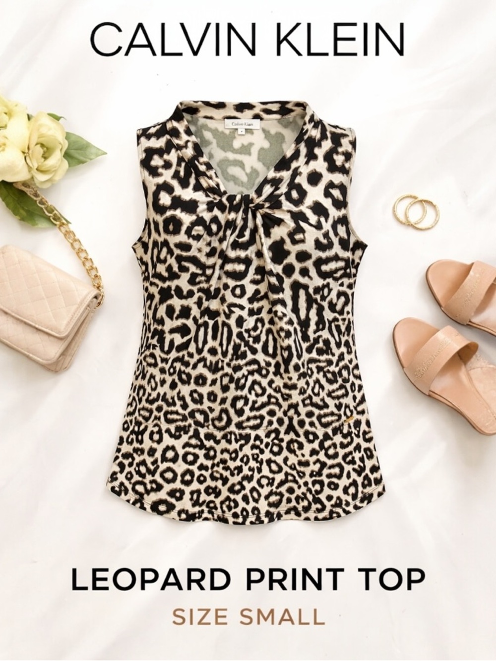 Calvin Klein Leopard Print Sleeveless Blouse Size Small Tie Neck Animal Print